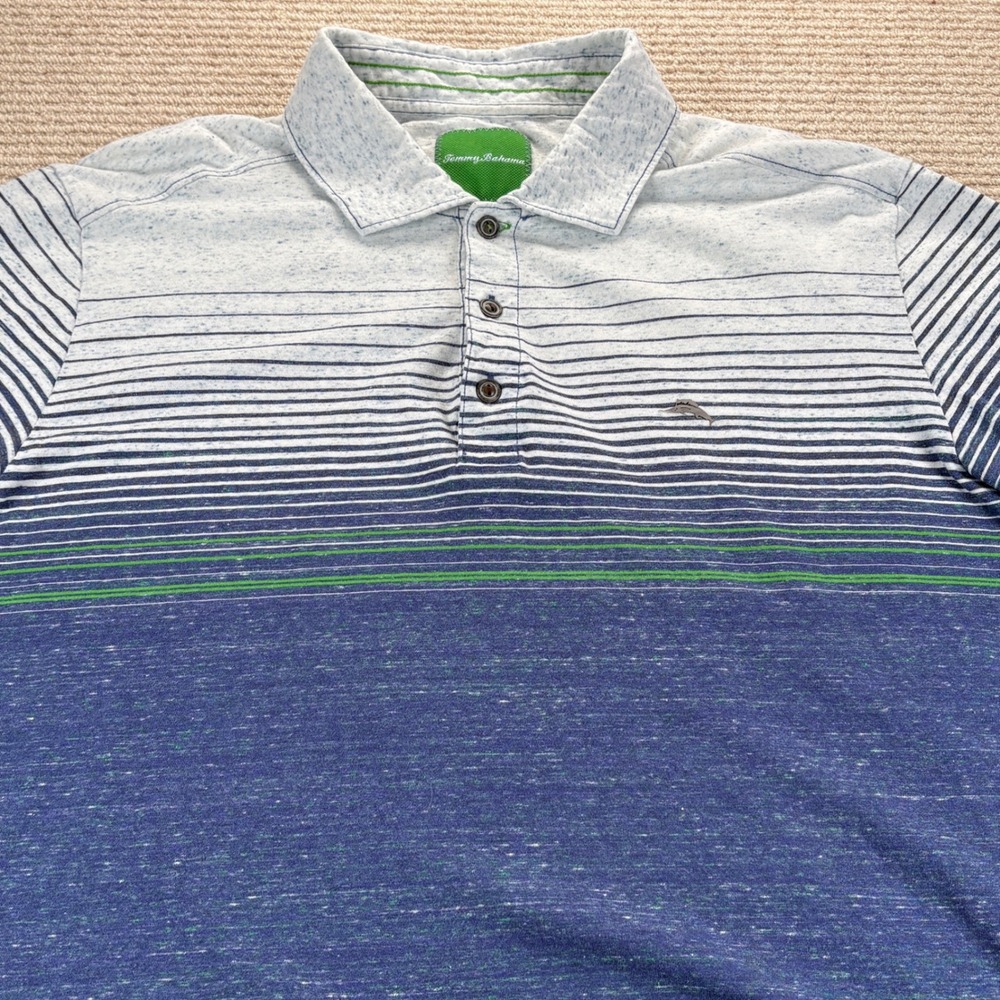 Tommy Bahama Polo Shirt Mens Large Blue Cotton Striped Coastal Nautical Beachy - Picture 11 of 12